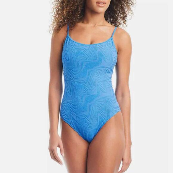 Bar III Textured Tie-Back One-Piece Swimsuit Blue Size Large - Picture 1 of 7